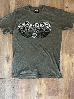 Harley-Davidson x Aerosmith Collaboration Graphic Tee in Heather Green - Small